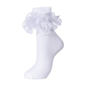 Dicry Socks for Women, Big Ruffle Socks with Turn Cuff and Double Lace (Size 5-9, 1 Pair, White)