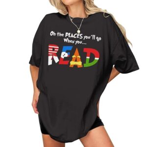 DIGForest The Places Reading Teacher Shirt Women - Read Across America Teacher Shirts Women - Read More Books Character Tshirt for Reading Day - 100 Days of School Tee for Sped Teachers (Black-XL)