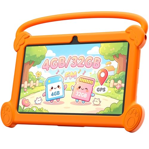 DIGITHINK Kids Tablet 7 inch 3-9 with Protective Case, 4GB (2GB+2GB Expand) RAM 32GB ROM, Toddler Tablets, Andriod Educational Learning Device,Prarent Control, Netflix,YouTube,aiwawa apps (Orange)