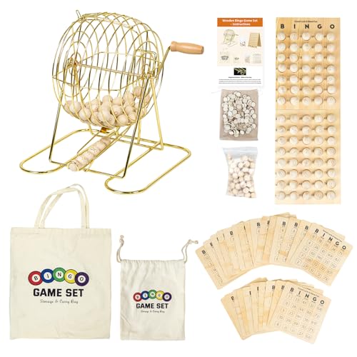 DigNew Deluxe Wooden Bingo Game Set with Large Metal Bingo Cage, 25 Reusable Bingo Cards, 75 Wooden Bingo Balls & Number Board, 700 Chips – Bingo Game for Adults, Family Game Night & Large Groups