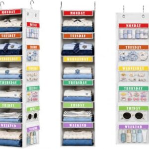 DIMJ Weekly Clothes Organizer for Kids - 2 in 1 Hanging Closet Organizer 6-Shelf Daily Monday Friday and Weekend Hanging Shelf Over the Door/Closet, for School Outfits for Girls/Boys, White