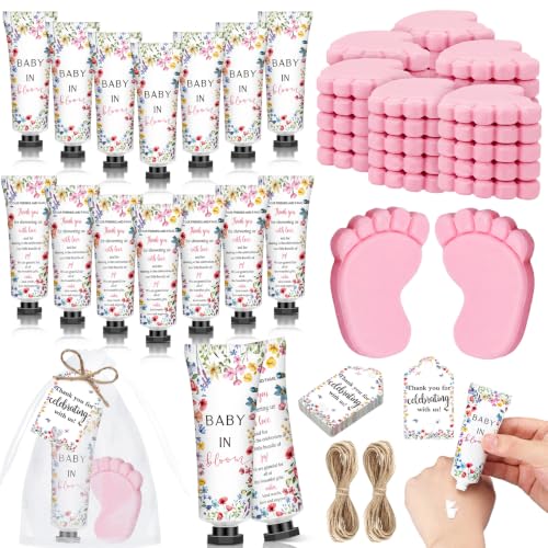 Dimsile 75 Pcs / 25 Sets Baby in Bloom Baby Shower Favor for Guests Pink Feet Soaps Party Gifts Footprint Hand Creams with Organza Bag and Thank You Tag for Winner Gender Reveal Game
