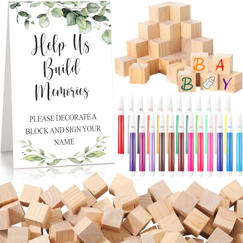 Dinifee 125 Pcs Baby Shower Decorate a Block Game Set Includes Help Us Build Memories Sign 100 DIY Blank Wooden Block 24 Paint Marker Prize for Wedding Baby Shower Game(Leaves)