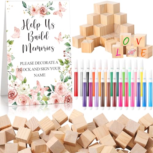 Dinifee 125 Pcs Baby Shower Decorate a Block Game Set Includes Help Us Build Memories Sign 100 DIY Blank Wooden Block 24 Paint Marker Prize for Wedding Baby Shower Game(Flower)