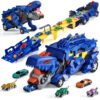 Dinosaur Carrier Truck Playset, 6 Cars&6 Dinosaurs with Foldable 3-Layer Race Track, Fun Kids Toy for Toddlers & Boys/Girls Ages 3+, Great Xmas Gift Idea(Blue)