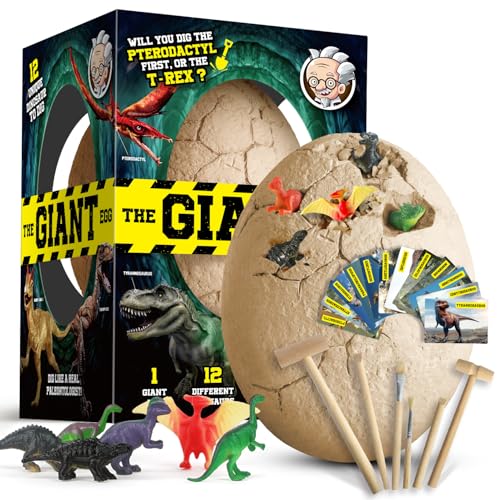 Dinosaur Egg Dig Kit, Unearth a Jumbo Dino Egg with 12 Unique Large Surprise Dinosaur Toys, Ideal Educational STEM Toys and Gifts for Kids Aged 5-7, Suitable for Party and Easter