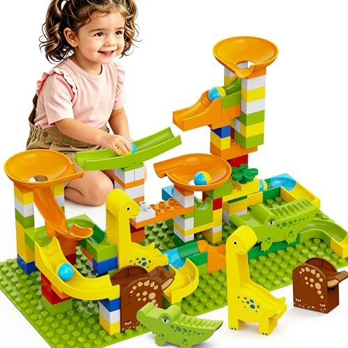 Dinosaur Marble Runs for Kids 4-8 Building Blocks Compatible with LEGO DUPLOS for Age 2-5/138Pcs Classic Big Blocks Marble Run for kids Ages 3-5 STEM Toy/Montessori Toys Gift for Kids Age 3,4,5,6,7,8+