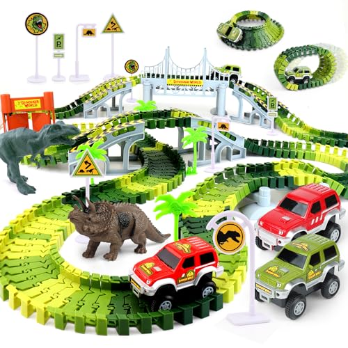 Dinosaur Race Track Toys for Boys 3-5, Flexible Bridge Car Track Set with 2 Toy Cars & Dinosaur Figures, Adventure Race Track Playset for Boys Age 4-7 Birthday Gifts