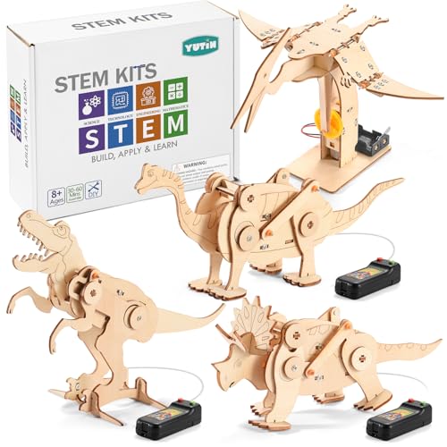 Dinosaur STEM Kits for Kids Ages 8-10-12, 4 in 1 Wood Building Toys for Boys Age 8-12, Build It Yourself Woodworking Kit, DIY 3D Wooden Puzzles Model Science Crafts for Kids, Stem Projects