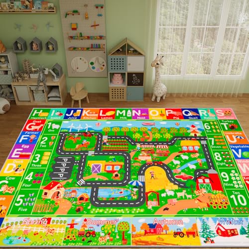 DINSUMRUG Kids Rugs for Toy Cars Playroom 59"×39.4" ABC Farm Life Road Traffic Kids Car Road Rugs Village Map Play Mat for Boys Room Family Tummy Time Playtime Learning Carpet