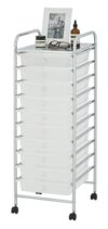 Display By Jack Rolling Storage Cart 10 Drawer Organizer with White Drawers, Slim 36" Chrome Frame, Locking Wheels, and Top Shelf for Office, Classroom, Bathroom, or Craft Storage