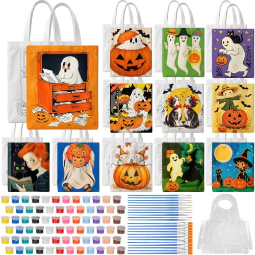Dispowreath 12 Set Halloween Pre Drawn Canvas Bags Kit Party Favor Canvas Tote Bags DIY Painting Pre-drawn Designs with Paintbrushes, Acrylic Paints, Brushes, Aprons for Beginners, DIY Craft Project