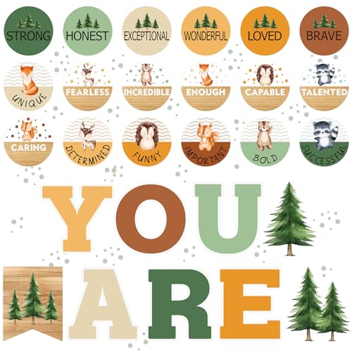 Dispowreath 27 Pcs Woodland Classroom Decor Affirmation Animals Station Bulletin Board Set, Positive Motivational Camping Decorations with 100 Adhesive Dots for School Teacher Classroom Decor