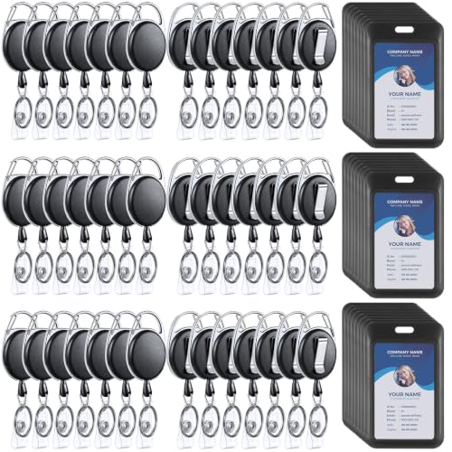 Dispowreath 48 Pack Sliding Badge Holder with Retractable Clip Black Plastic ID Card Case Protector, Heavy Duty Badge Reel ID Holders for Keychain Key Nurse Office Credit License (Vertical)