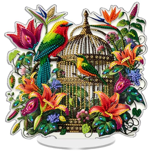 DIY 5D Diamond Painting Kit for Adults, Special Shaped Crystal Flower Tabletop Ornament - Beginner Friendly Home & Office Desk Decor, Complete Craft Gift Set (Birdcage)