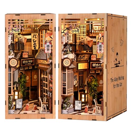 DIY Book Nook Kit, 3D Wooden Puzzle Bookend with LED Light, Japanese Street Alley Miniature House Model, Creative Shelf Insert Decor & Arts Crafts Gift for Adults Teens (The Alley Waiting for the Cat)