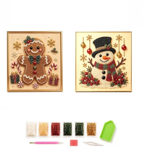 DIY Christmas Pearl Diamond Painting Art Kit with Frame, Christmas Pearl Beads Craft Kit for Adults & Beginners, 3D Gemstone Dot Painting Hanging Decor for Home Wall Art (2Mix-E)