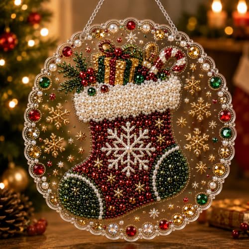 DIY Christmas Santa Pearl Bead Painting Kit, Hanging Window Ornament Craft, Crystal Bead Mosaic Decoration with Gem Embellishments, Holiday Handmade Art Set for Christmas Home (Merry Stocking)