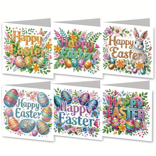 DIYDeligths 6Pcs DIY Foldable Diamond Art Painting Greeting Cards, Creative Easter Festivals Handmade Thank You Card Set Blessing Greeting Card Craft Gift Idea(Easter Font)