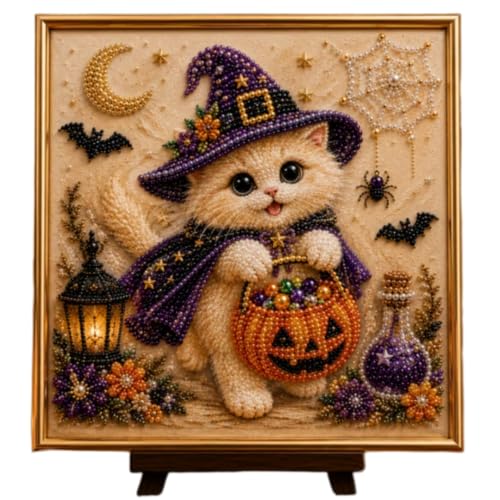DIY Halloween Cat Pearl Bead Painting Kit, 5D Pearl Art Craft with Spooky Black Cat & Moon Design, Beginner-Friendly Beaded Painting Set for Adults, Relaxing Stress Relief Home Wall Decor,E