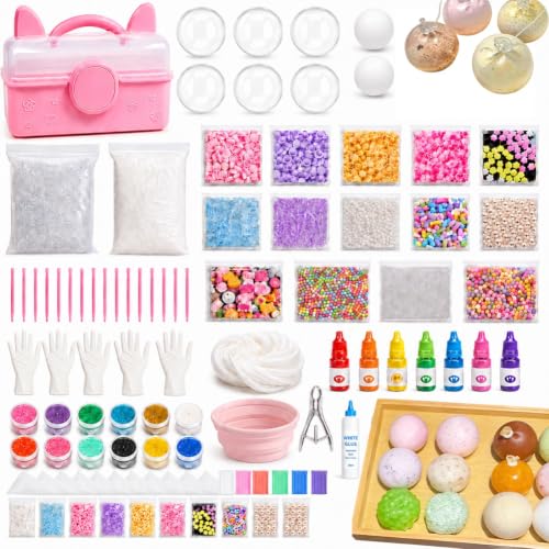 DIY Squishy Making Kits, Squishy Set,Handmade Squishy Stress Balls,16 Different Ball Skins (8 Clear),18 Fillers,Cable Ties,Glue,Stoppers,10 EVA Bags and Clips,Cat-Ear Storage Box,Mixing Bowl