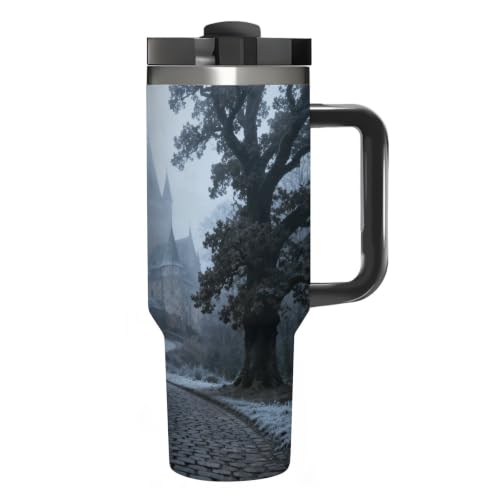DJUETRUI Castle Pathway Woods 40 Oz Stainless Steel Tumbler with Handle Vacuum Insulated Tumblers Reusable Double Wall Travel Coffee Mug Leakproof Travel Cup Water Bottles BPA-Free