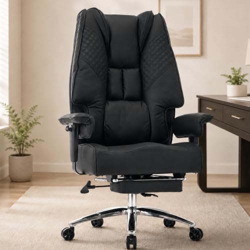 DJ.Wang Big and Tall Office Chair 400lbs, 23" Extra Wide Seat Executive Chair with Footrest, Heavy Duty Metal Base High Back Desk Chair with Lumbar Support & Adjustable Armrests, PU Black