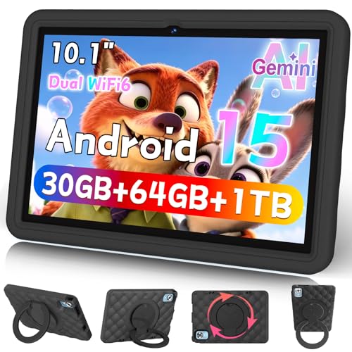 DMOAO 10.1 Inch Kids Tablet Android 15-30GB RAM+64GB ROM(1TB Expandable), Octa-Core 2.0GHz, Anti-Blue Light Screen, 6000mAh, WiFi 6, 5MP+8MP, Parental Controls, EVA Case, Preloaded Edu Apps - Black