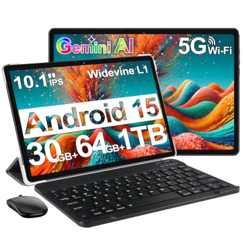 DMOAO Tablet, 2026 Android 15 Tablet with Gemini AI, 10.1 Inch FHD Display, 30GB RAM 64GB ROM /1TB TF, 6000mAh Battery, Octa-Core 2.0GHz, Widevine L1, 2 in 1 Tablets with Keyboard Mouse(Black)