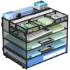 Docnest 5 Tier Mesh Desk Organizer with Adjustable Compartments - Stackable Letter Tray with Built-in Pen Holder & Handles - Desktop File Storage for Office, Home, School Supplies - Black