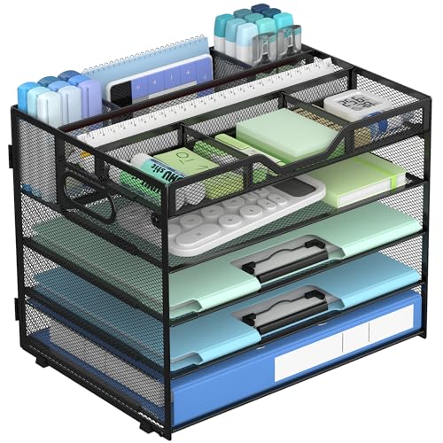 Docnest 5 Tier Mesh Desk Organizer with Adjustable Compartments - Stackable Letter Tray with Built-in Pen Holder & Handles - Desktop File Storage for Office, Home, School Supplies - Black
