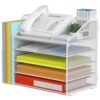 DocNest 5 Tier Metal Mesh Desk File Organizer with Phone Shelf, White