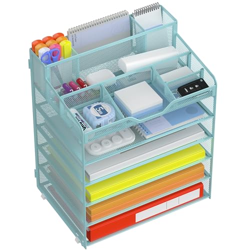 Docnest 6 Tier Mesh Desk Organizer for Paper Office Supplies – Multi-Functional Letter Tray with 5 Adjustable Compartments, 7 Pen Holders, Desktop Storage for Files, Mail, Stationery – Blue
