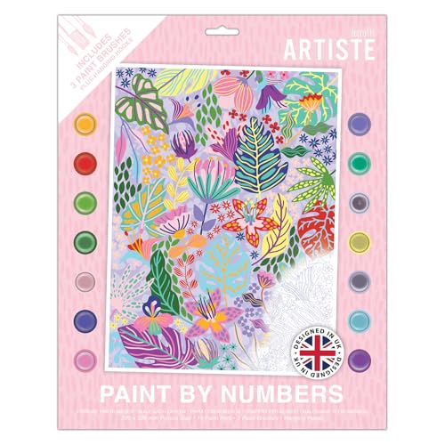 DOCRAFTS Artiste Large Paint by Numbers, Abstract Floral, Summer Craft, 395x295mm Board 14 Acrylic Colour Paint 3 Size Brush Set, Adults Craft, Hobbies Craft, Number Coded Design, Personalised Art