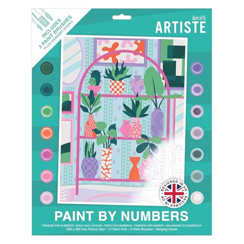 DOCRAFTS Artiste Large Paint by Numbers, House Plants, Summer Craft, 395x295mm Board 14 Acrylic Colour Paint 3 Size Brush Set, Adults Craft, Hobbies Craft, Number Coded Design, Personalised Art