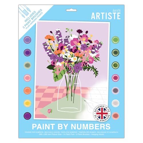 DOCRAFTS Artiste Large Paint by Numbers, Vase of Flowers, Summer Painting Craft, 395x295mm Board 14 Acrylic Colour Paint 3 Size Brush Set, Adults, Hobbies Craft, Number Coded Design, Personalised Art