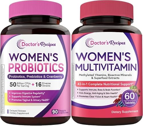 Doctor's Recipes Women's Probiotic & Multivitamin Bundle – 50 Billion CFU 16 Strains Probiotic with Organic Cranberry, Methylated Multivitamin with Iron, 90 Caps + 60 Tablets