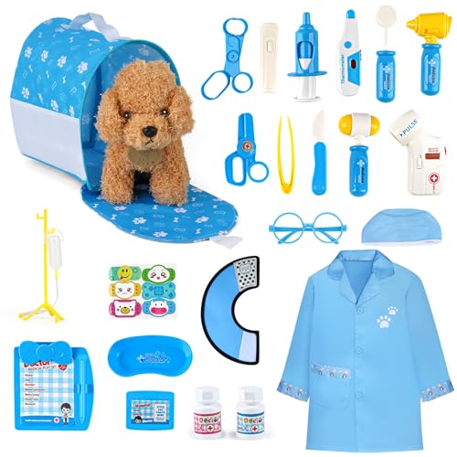 Doctors Set for Kids - Children Pet Vet Care Play Set with Doctor Costume, Plush Dog, Pretend Role Play Medical Kit Toys Gifts for 3 4 5 6 Year Old Girls