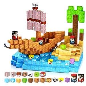 DOFASNCN Magnetic Building Blocks Magnetic Building Tiles Toys for Boys Girls Age 3+，Creative Plastic Magnet Square Gift for Kids New Pirate Ship 100PCS