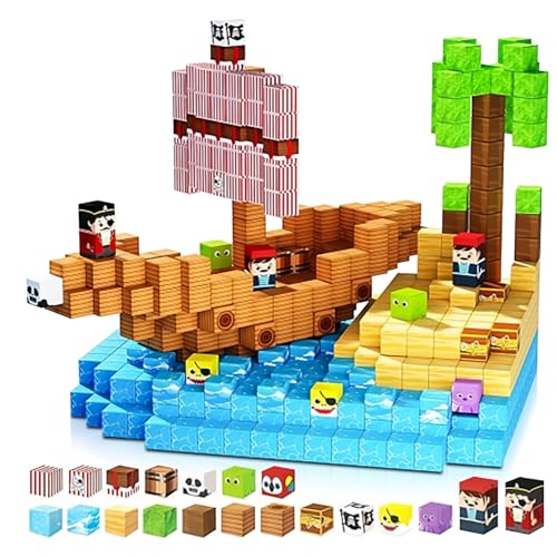 DOFASNCN Magnetic Building Blocks Magnetic Building Tiles Toys for Boys Girls Age 3+,Creative Plastic Magnet Square Gift for Kids New Pirate Ship 100PCS