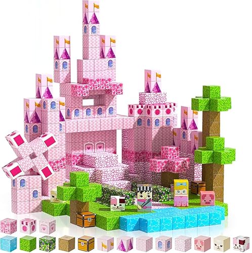 DOFASNCN Pink Magnetic Building Blocks Magnetic Building Tiles Toys for Boys Girls Age 3+,Creative Plastic Magnet Square Gift for Kids Pink Castle 100PCS