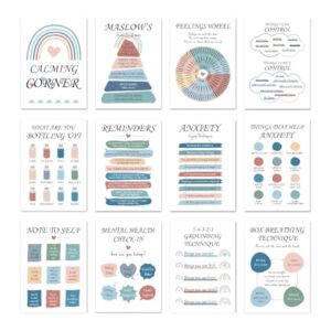 DoGeek 12 Pcs Calming Corner Classroom Posters Boho Mental Health Wall Decor Feelings Wheel Anxiety Coping Skills Grounding Technique SEL Counselor Office Decor