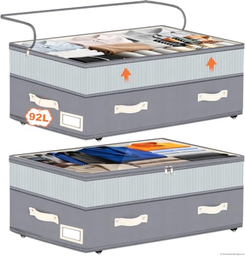 Dolicer 2 Pack Under Bed Storage with Wheels, 6in-10in Height Adjustable Underbed Storage Containers, 92L XXXL Under Bed Drawers Rolling Bin with Clear Lids for Shoes Clothes Organizers(Gray Stripes)
