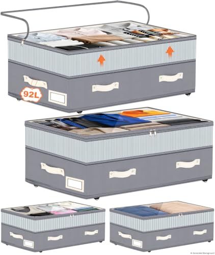 Dolicer 4 Pack Under Bed Storage with Wheels, 6in-10in Height Adjustable Underbed Storage Containers, 92L XXXL Under Bed Drawers Rolling Bin with Clear Lids for Shoes Clothes Organizers(Gray Stripes)