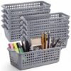 Domensi 12 Pcs Slim Plastic Storage Baskets for Organizing Back to School Supplies 11.6" x 5" x 3.4" Thin Pencil Trays Small Narrow Storage Bins with Handles & Label Area for Bathroom Office(Gray)