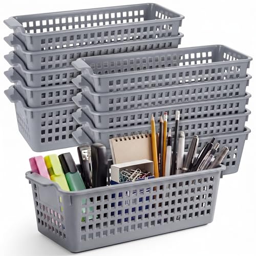 Domensi 12 Pcs Slim Plastic Storage Baskets for Organizing Back to School Supplies 11.6" x 5" x 3.4" Thin Pencil Trays Small Narrow Storage Bins with Handles & Label Area for Bathroom Office(Gray)