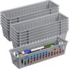 Domensi 24 Pack Slim Plastic Storage Baskets Tray for Organizing 10.25x3.25x2.5 Inch Small Narrow Storage Bins Stackable Drawer Pencil Trays Holder for Desk Garage Cabinet Container (Gray)