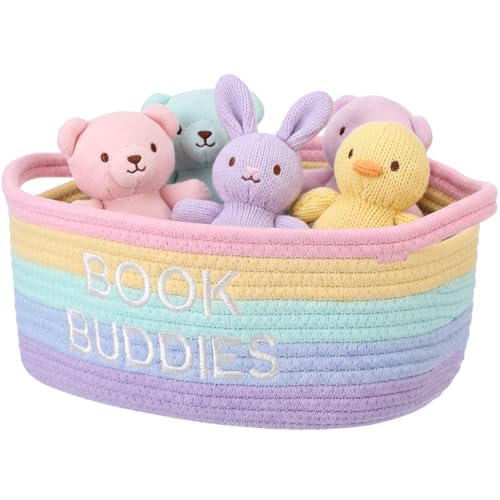 Domensi Book Buddies Basket Reading Corner Decor 12x8x5 Inch Cotton Rope Toy Storage Basket with Handle for Book Lover Gift Preschool Back to School Classroom Library Nursery Room Decor(Rainbow)