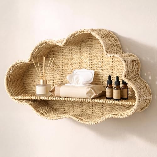 Domensi Handwoven Wall Shelf Decor Wicker Nursery Hanging Organizer Basket Shelves Natural Rattan Storage Basket for Small Books Bookshelf Bathroom Living Room Bedroom Corner(Cloud Shape)