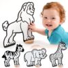 DoodleFace High-Contrast Black & White 3D Safari Zoo Animals — Builds Baby Vision Books & Cards Can't. Then Toddler Motor Skills for School Re-Colorable Lion, Elephant, Giraffe, Zebra + 10 Crayons.